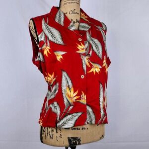 Sunset Cove Red Tropical Bird of Paradise Rayon Sleeveless Button Down Shirt PXL
